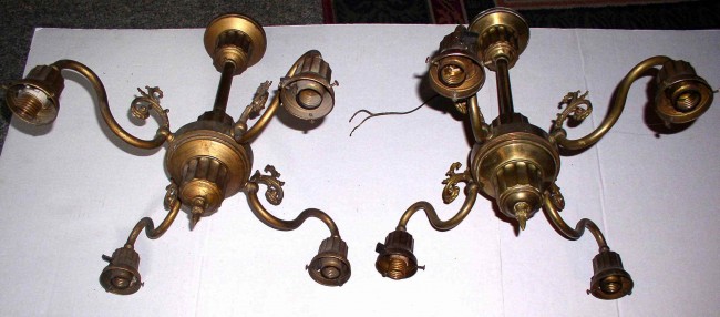 Pair Antique Brass Ceiling Light Fixtures Chandeliers 3