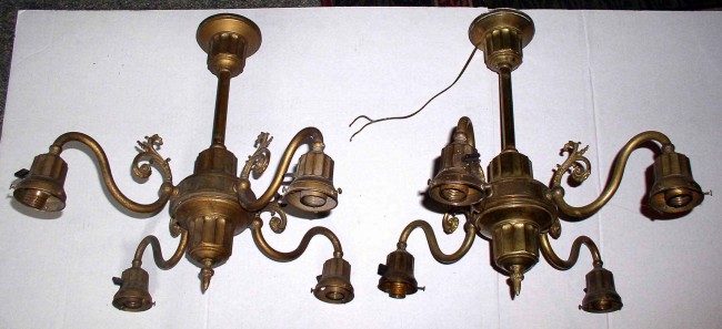 Pair Antique Brass Ceiling Light Fixtures Chandeliers 1