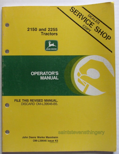 Deere 2150 2255 Operator's Manual Service Shop Copy