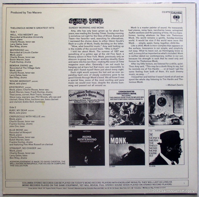 Thelonius Monk / Monk's Greatest Hits LP back
