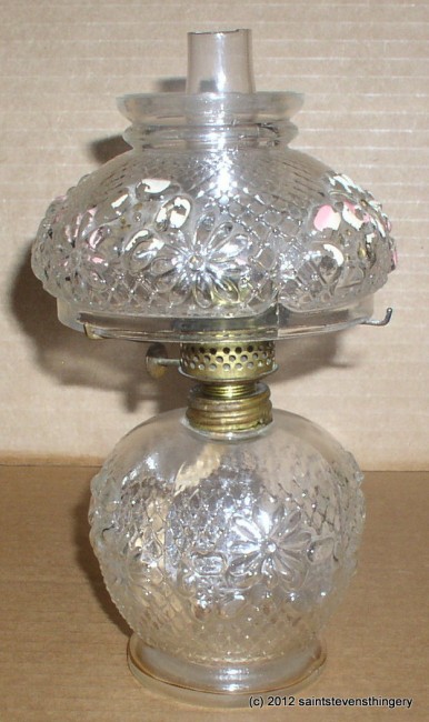 Antique Cosmos Pattern Clear Glass Miniature Mini Oil Lamp Complete