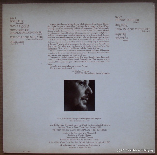 Dr. John Plays Mac Rebennack LP back cover