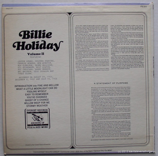 Billie Holiday Volume II cover back