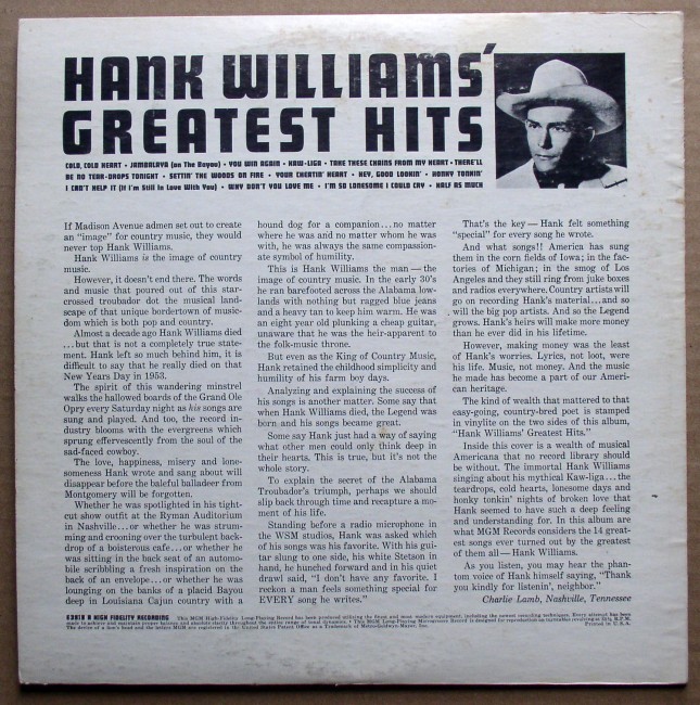 Hank Williams Greatest Hits LP 2